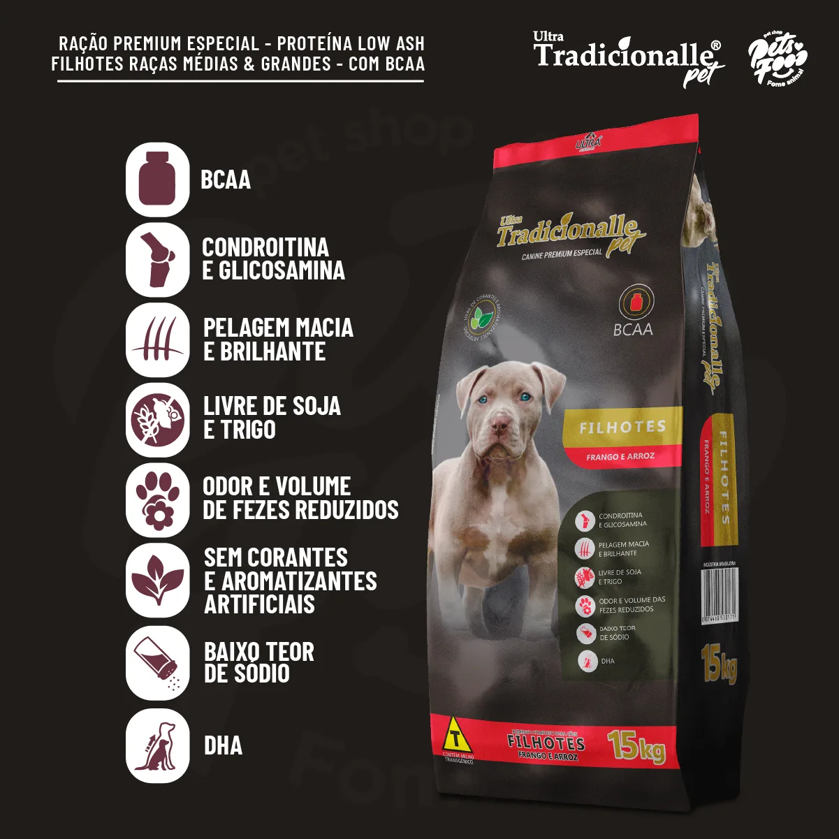 Prancheta 6-100 Ração Tradicionalle Bcaa, Cães Filhotes Sabor Frango & Arroz mercado livre diferenciais, nutrientes