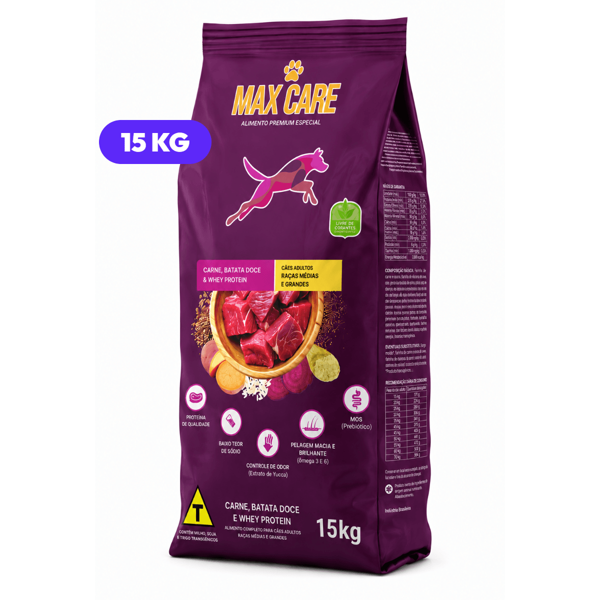 Ração Max Care Cães Adultos Raças Médias e Grandes 15 kg, embalagem