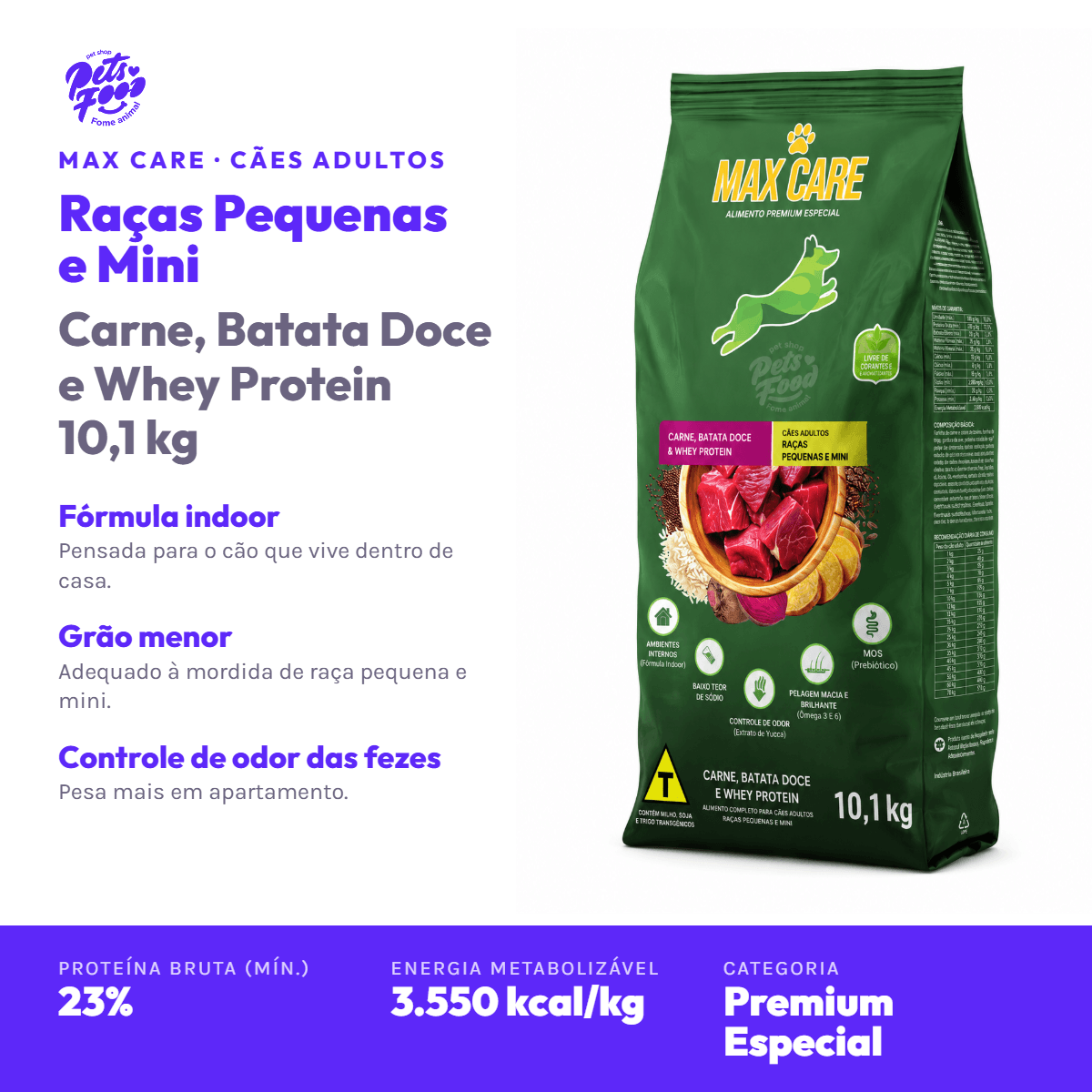 Ração Max Care Cães Adultos Raças Pequenas e Mini 10,1 kg destaques Ração Max Care Cães Adultos Raças Pequenas e Mini 10,1 kg, destaques