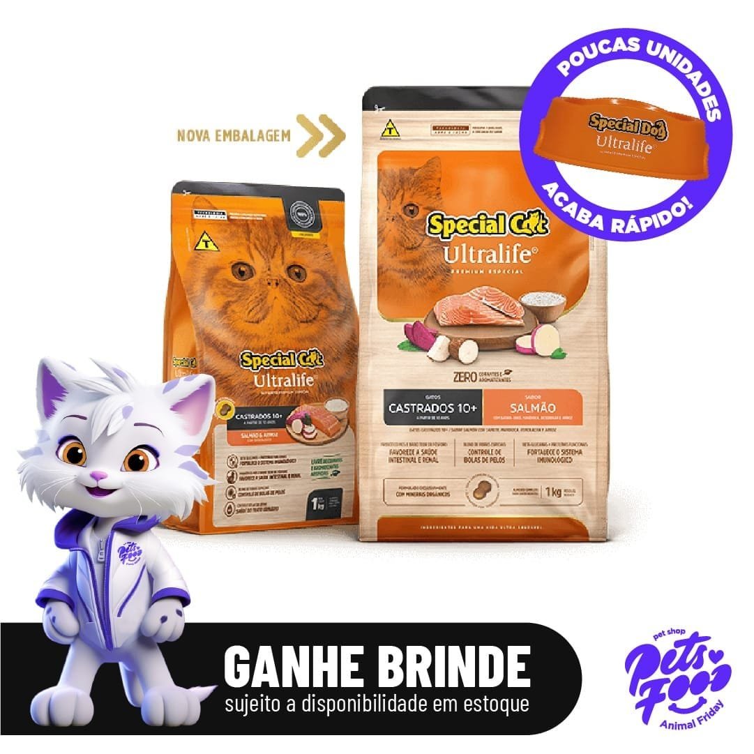 Ração Special Cat Ultralife, Gatos +10 anos - Salmão & Arroz - 20kg