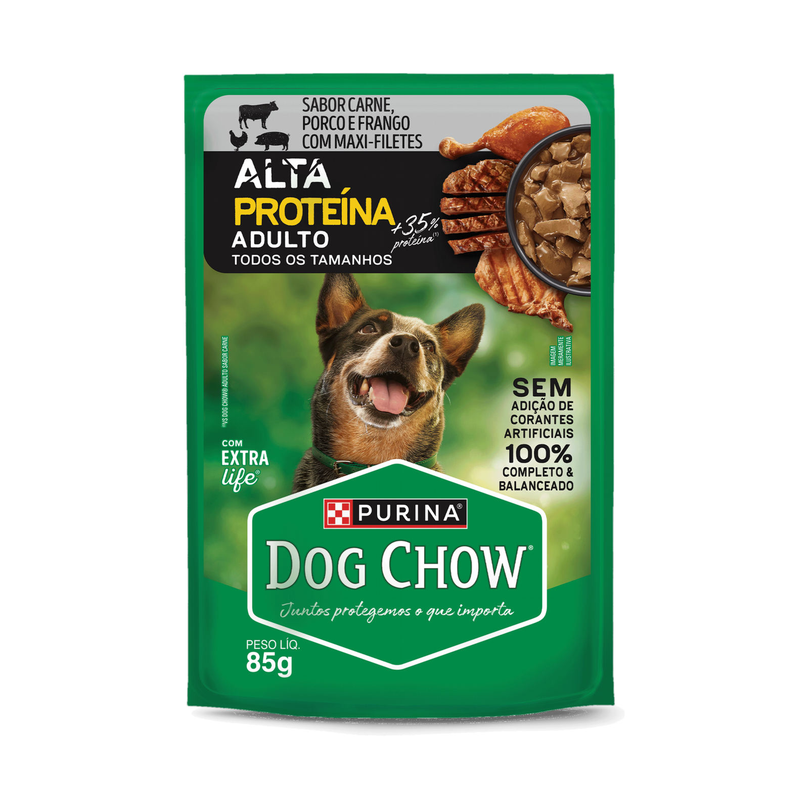 Sachê Dog Chow Alta Proteína, Cães Adultos - Carne, Porco e Frango